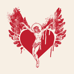 Canvas Print - Vector banner with crucifix. Religious illustration with crucified Jesus Christ inside the abstract red heart with wings. Love of God, Catholic and Christian symbol.