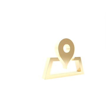 Gold Placeholder on map paper in perspective icon isolated on white background. 3d illustration 3D render