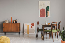 Vintage Grey Dining Room With Abstract Paintings And Wooden Cupboard