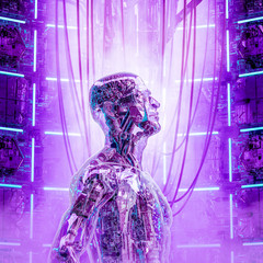 Wall Mural - The thinking machine / 3D illustration of futuristic glass science fiction male humanoid cyborg in deep thought inside computer core