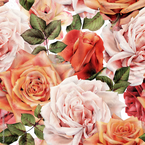 Naklejka - mata magnetyczna na lodówkę Seamless floral pattern with roses, watercolor