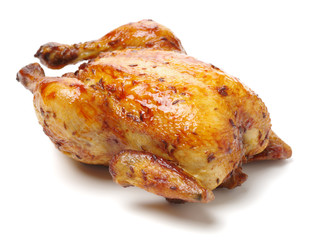 whole roasted chicken against white background