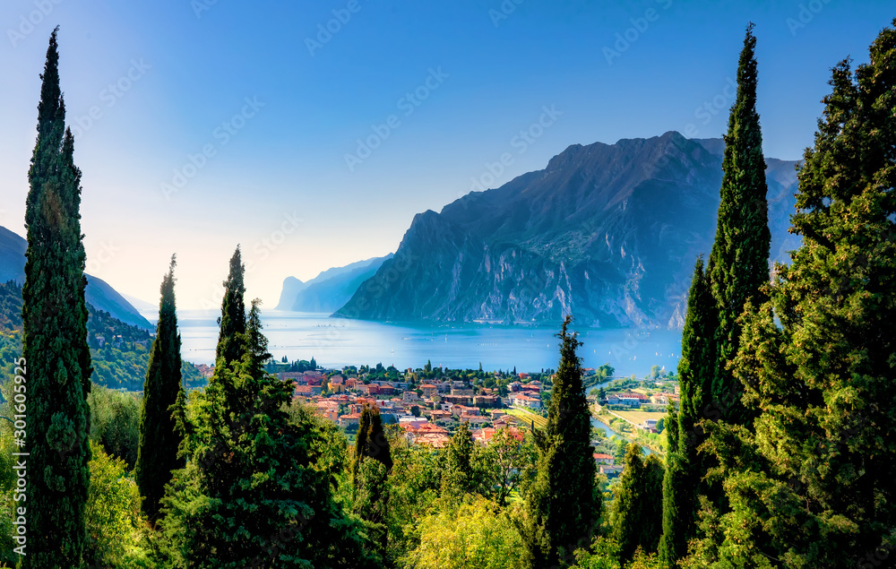 Beautiful aerial view of Torbole, Lake Garda (Lago di Garda) and the mountains, Italy - obrazy, fototapety, plakaty 