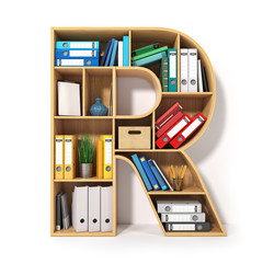 Poster - Letter R. Alphabet in the form of shelves with file folder, binders and books isolated on white. Archival, stacks of documents at the office or library.
