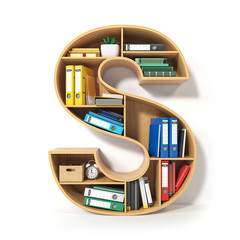 Poster - Letter S. Alphabet in the form of shelves with file folder, binders and books isolated on white. Archival, stacks of documents at the office or library.