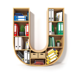 Poster - Letter U. Alphabet in the form of shelves with file folder, binders and books isolated on white. Archival, stacks of documents at the office or library.