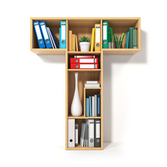 Aufkleber - Letter T. Alphabet in the form of shelves with file folder, binders and books isolated on white. Archival, stacks of documents at the office or library.
