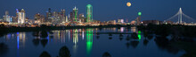 Dallas Skyline Reflecting In River With Full Moon