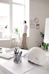 Aufkleber - Workplace of modern architect with white hardhat, bunch of pencils and sketches