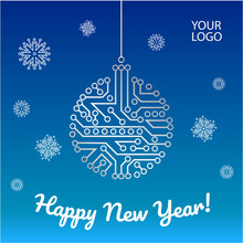 Chip Circuit New Year Card Template With Ball And Snowflakes. Vector Greeting Card Concept For IT Technologies, Technical , Electronic, Digital, System Integration Companies.