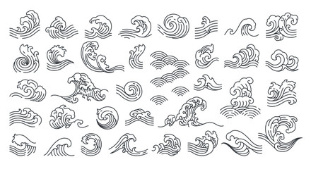 Set of oriental wave vector illustration. Japan wave. Linear style. 
