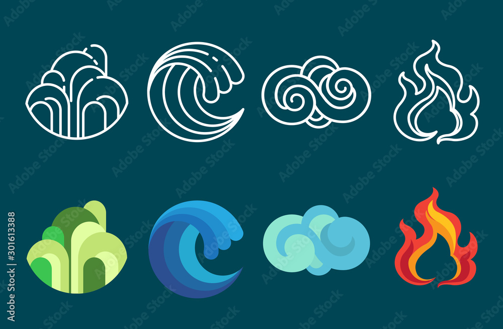 Four element icon set vector and illustration.Flat and line art styles ...