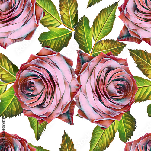 Roses with leaves seamless pattern.