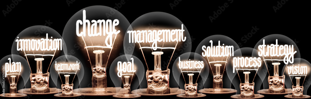 Light Bulbs with Change Management Concept - obrazy, fototapety, plakaty 