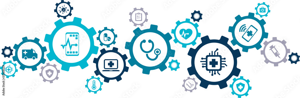 health care apps /  digital healthcare / electronic health records / healthcare information systems icons concept – vector illustration - obrazy, fototapety, plakaty 