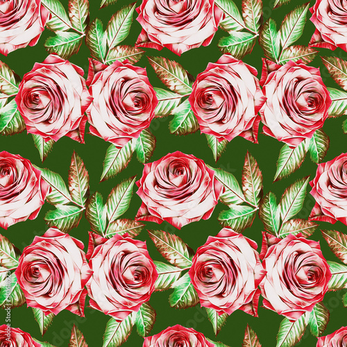 Roses with leaves seamless pattern.