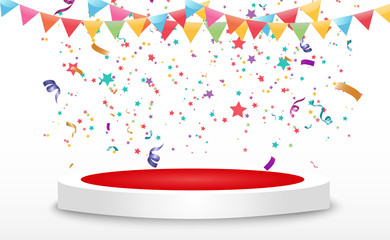 Poster - Lots of colorful tiny confetti and ribbons on transparent background. Festive event and party. Multicolor background. Colorful bright confetti isolated on the podium.