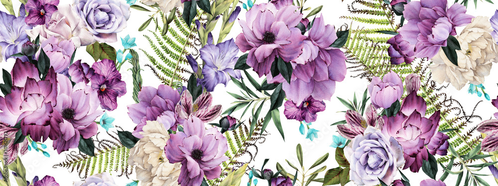 Seamless floral pattern with flowers, watercolor - obrazy, fototapety, plakaty 