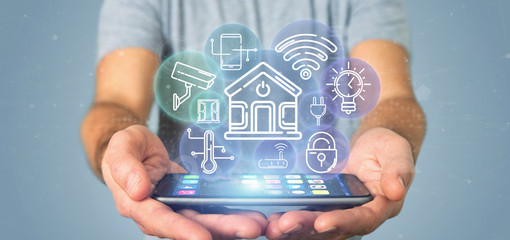 Poster - businessman holding smart home interface with icon, stats and data 3d rendering
