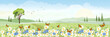 Cute cartoon panorama landscape of Spring field  with butterfly flying over daisy flowers, Lovely card of summer landscap with big tree and wild flowers field on mountains in sunny day.