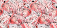Seamless Pattern With Flamingo, Watercolor.
