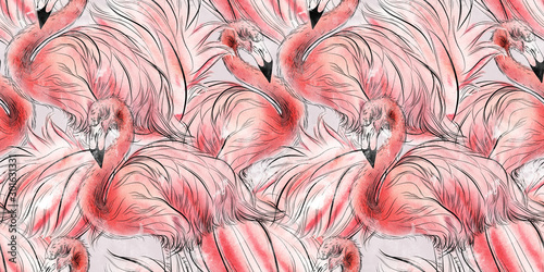 Naklejka na kafelki Seamless pattern with flamingo, watercolor.