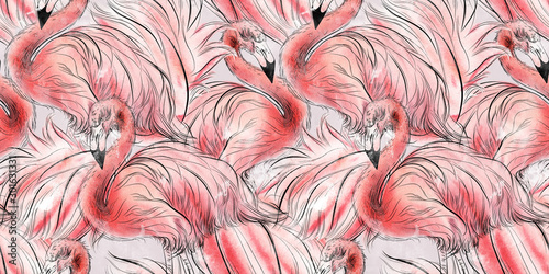 Naklejka ścienna Seamless pattern with flamingo, watercolor.