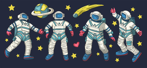 Wall Mural - huge vector clip art hand drawn astronaut collection. spaceman cosmonaut science icon space set. peo