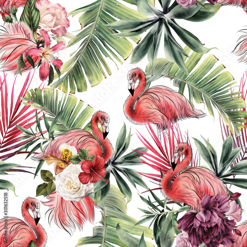 Plakaty Flamingi   kwiatowy-wzor-z-tropikalnych-kwiatow-i-flamingow-akwarela