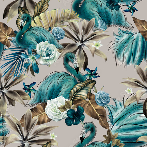 Naklejka dekoracyjna Seamless floral pattern with tropical flowers and flamingo, watercolor.