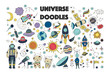 Big universe galaxy space doodle vector set. Astronaut man, animals with planets, comet, spaceship, satellite and star icon collection.