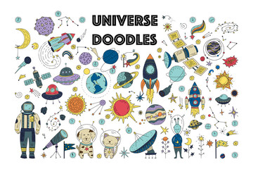 big universe galaxy space doodle vector set. astronaut man, animals with planets, comet, spaceship, 