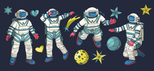 Wall Mural - huge vector clip art hand drawn astronaut collection. spaceman cosmonaut science icon space set. peo
