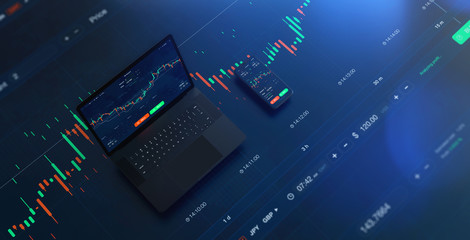 Poster - Futuristic stock exchange scene with laptop, mobile phone, chart, numbers and SELL and BUY options (3D illustration)