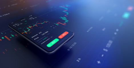 Poster - Futuristic stock exchange scene with mobile phone, chart, numbers and SELL and BUY options (3D illustration)