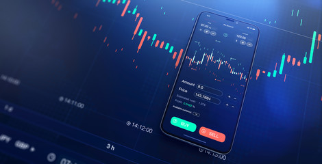 Poster - Futuristic stock exchange scene with mobile phone, chart, numbers and SELL and BUY options (3D illustration)