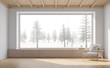 © onzon - Empty room with snow scene background 3d render,There are white wall,wooden floor and ceiling,wood seat,decorate with fabric chair.There are big  windows look out to see nature view.