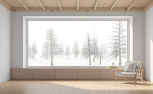 Empty Room With Snow Scene Background 3d Render,There Are White Wall,wooden Floor And Ceiling,wood Seat,decorate With Fabric Chair.There Are Big  Windows Look Out To See Nature View.