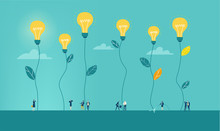 Business People Walking Between Light Bulbs Plants. Generating Ideas, Best Advisory. Concept Illustration