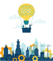 Wall Mural - Air Balloon Light bulb with two business people in basket flying over the city. Business concept illustration, finding new opportunity, progress, success and support ideas.