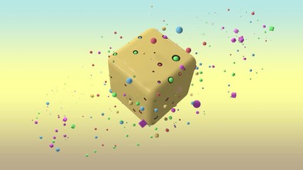 Poster - 3D animation of a large yellow cube with holes and balls in the holes and a lot of balls flying in a circular orbit. 4K animation for background screensavers, Wallpapers. Futuristic design.
