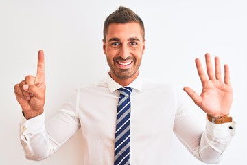 Young handsome elegant business man over isolated background showing and pointing up with fingers number six while smiling confident and happy.