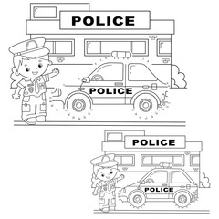 Wall Mural - Educational Puzzle Game for kids: numbers game.Police car. Coloring Page Outline Of cartoon policeman with car. Coloring book for children.