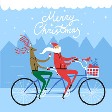 Christmas Illustration With Santa And Deer On Bicycle Riding In City.