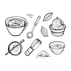 Matcha tea set. Objects isolated. Vector hand drawn illustration.