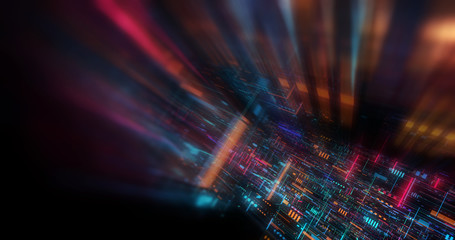 Poster - abstract futuristic technological background, floating circuits, charts, digits elements. nano chip 