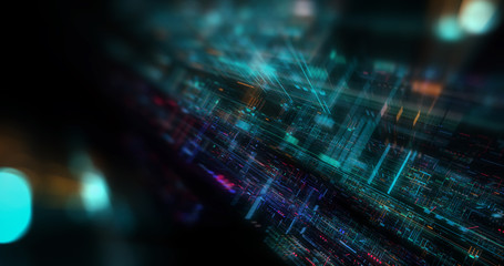 Poster - abstract futuristic technological background, floating circuits, charts, digits elements. nano chip 