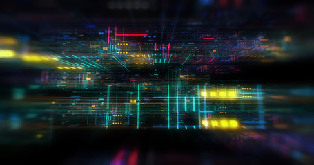 Poster - abstract futuristic technological background, floating circuits, charts, digits elements. nano chip 