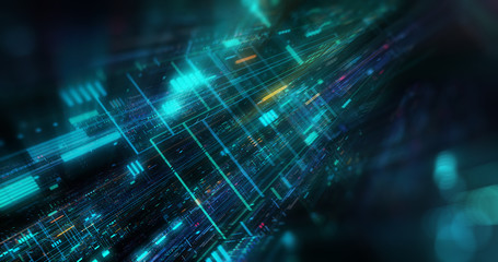 Poster - abstract futuristic technological background, floating circuits, charts, digits elements. nano chip 