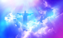 Jesus Appeared Bright In The Sky And Christian Cross With Soft Fluffy Clouds, White And Beautiful With The Light Shining As Hope, Love And Freedom In The Sky Background.